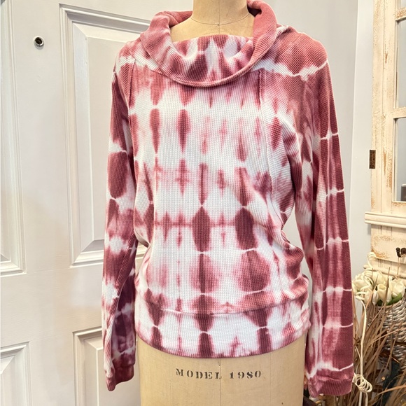 Anthropologie Pilcro Angie Wine Cowl Neck Waffle Knit Thermal Tie Dye Pullover S - Picture 2 of 9